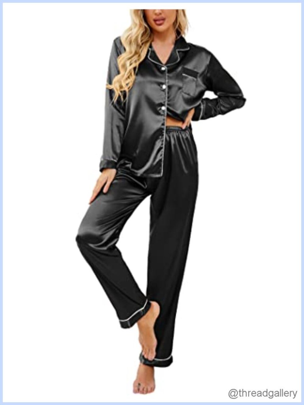Satin Pajama Set Button Down Long Sleeve Lounge Sleepwear Loungewear Women's